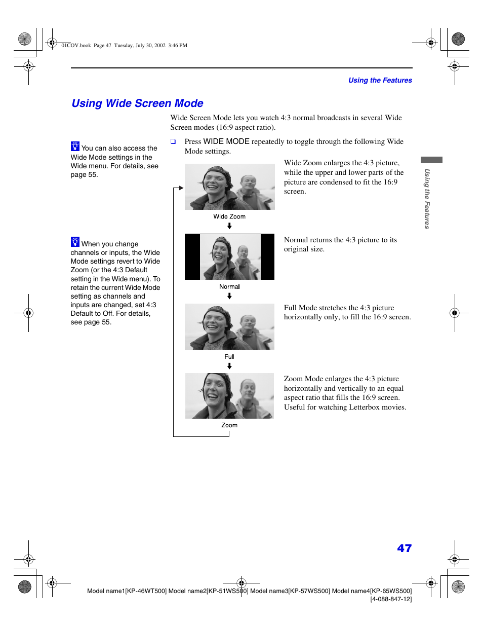 Using wide screen mode | Sony KP 46WT500 User Manual | Page 47 / 82