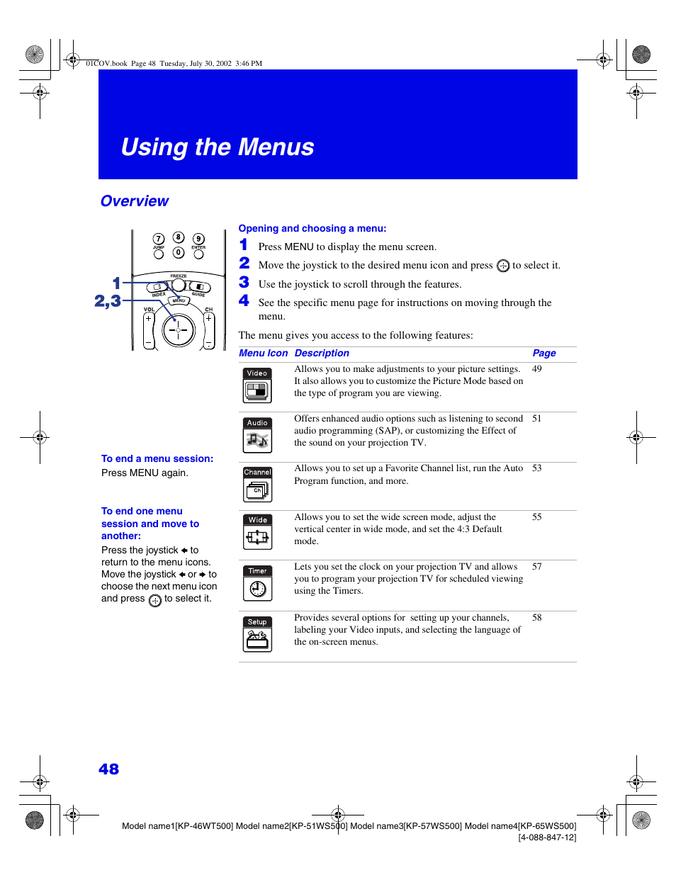 Using the menus, Overview | Sony KP 46WT500 User Manual | Page 48 / 82