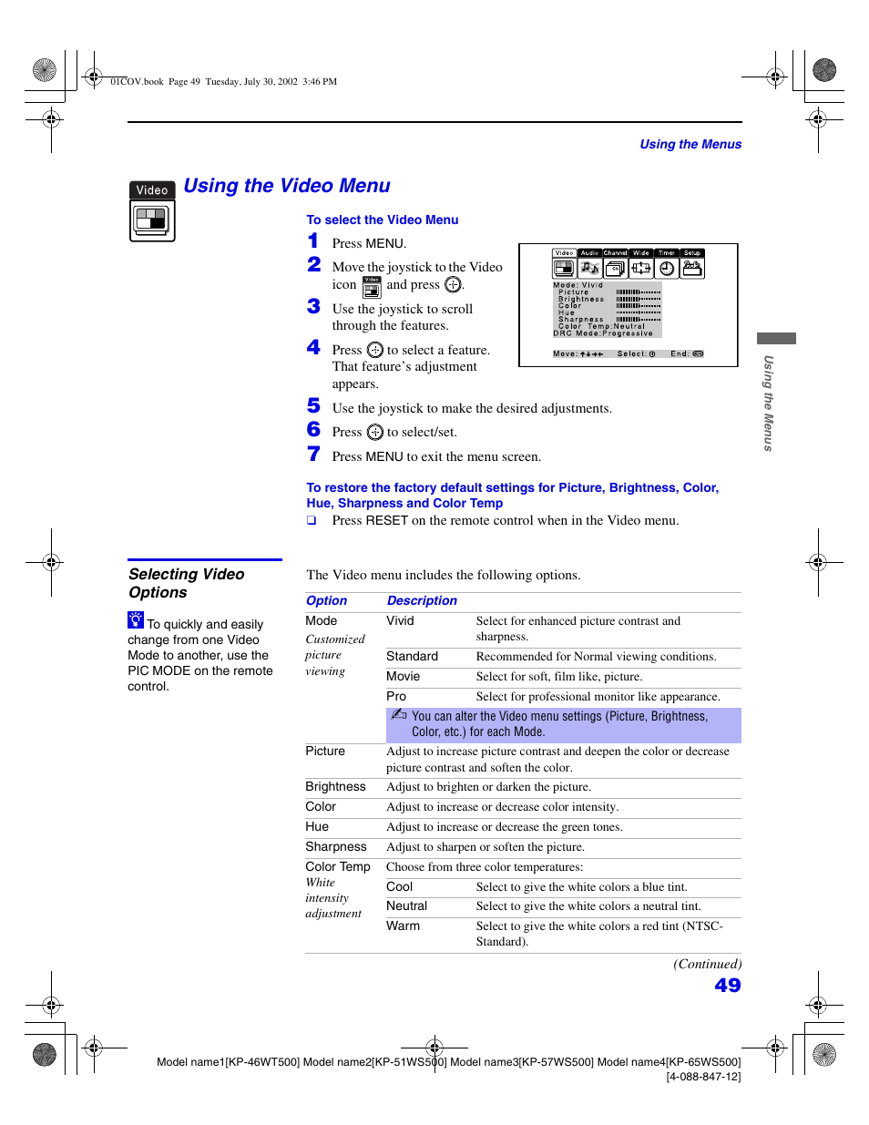 Using the video menu | Sony KP 46WT500 User Manual | Page 49 / 82