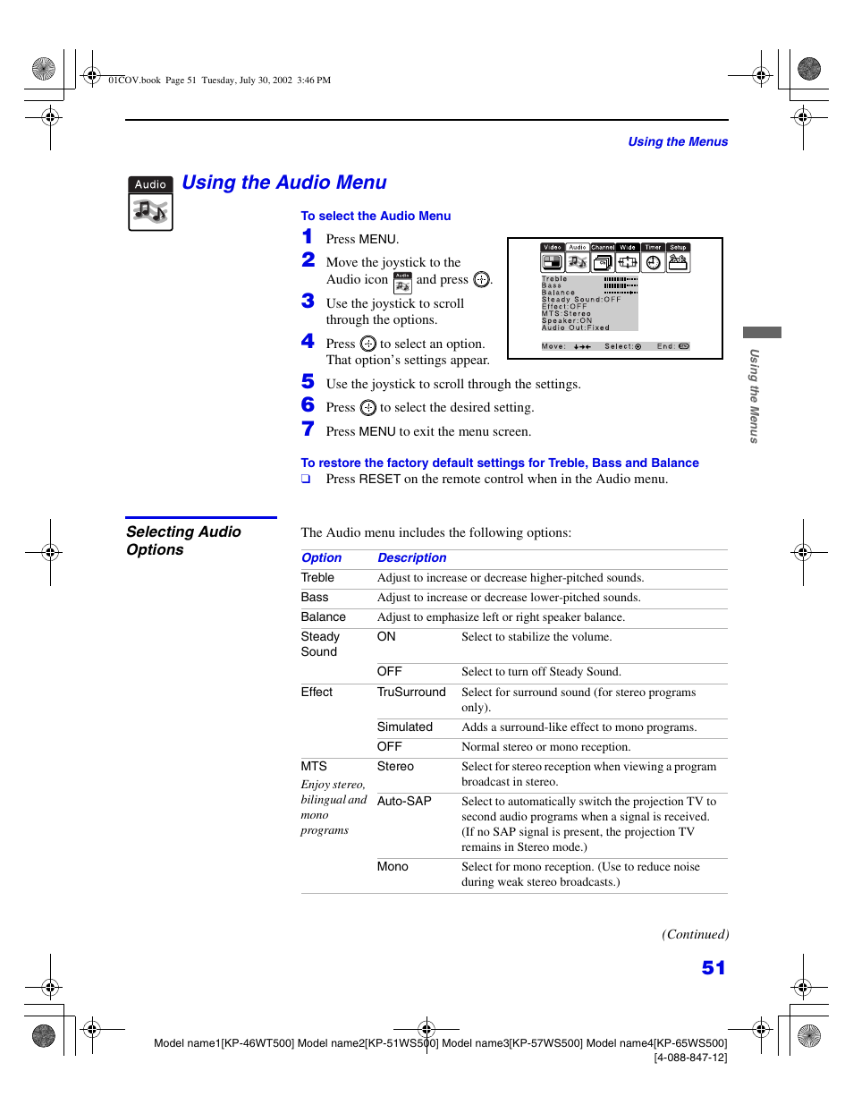 Using the audio menu | Sony KP 46WT500 User Manual | Page 51 / 82