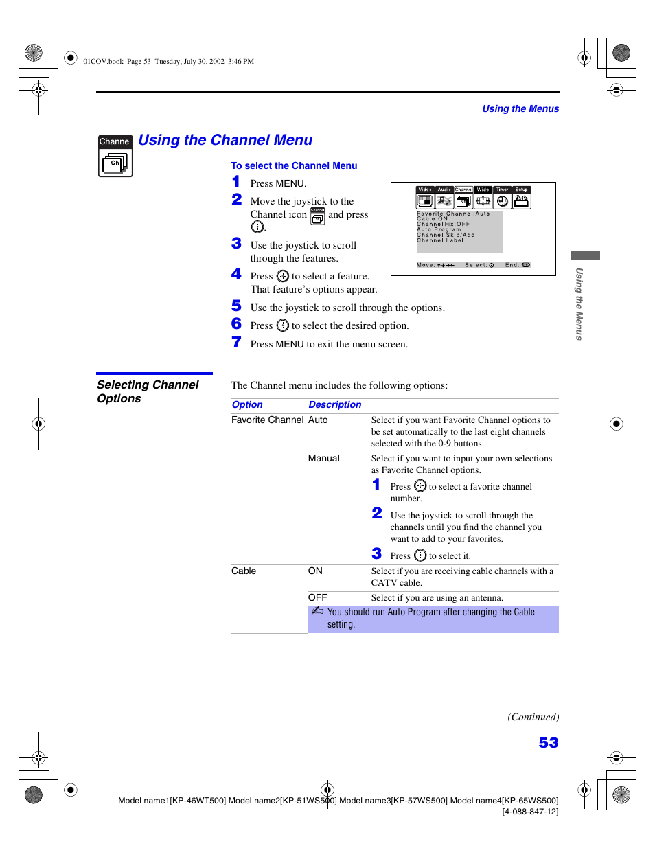 Using the channel menu | Sony KP 46WT500 User Manual | Page 53 / 82