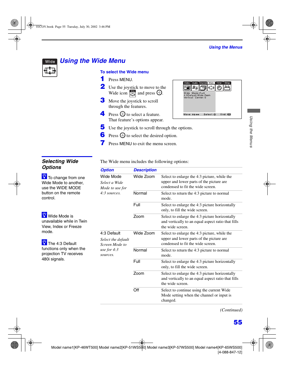 Using the wide menu | Sony KP 46WT500 User Manual | Page 55 / 82