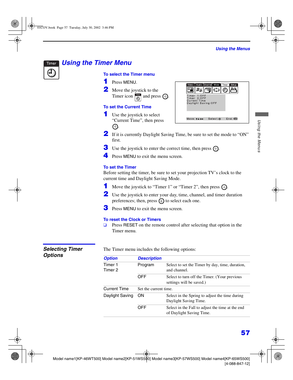 Using the timer menu | Sony KP 46WT500 User Manual | Page 57 / 82