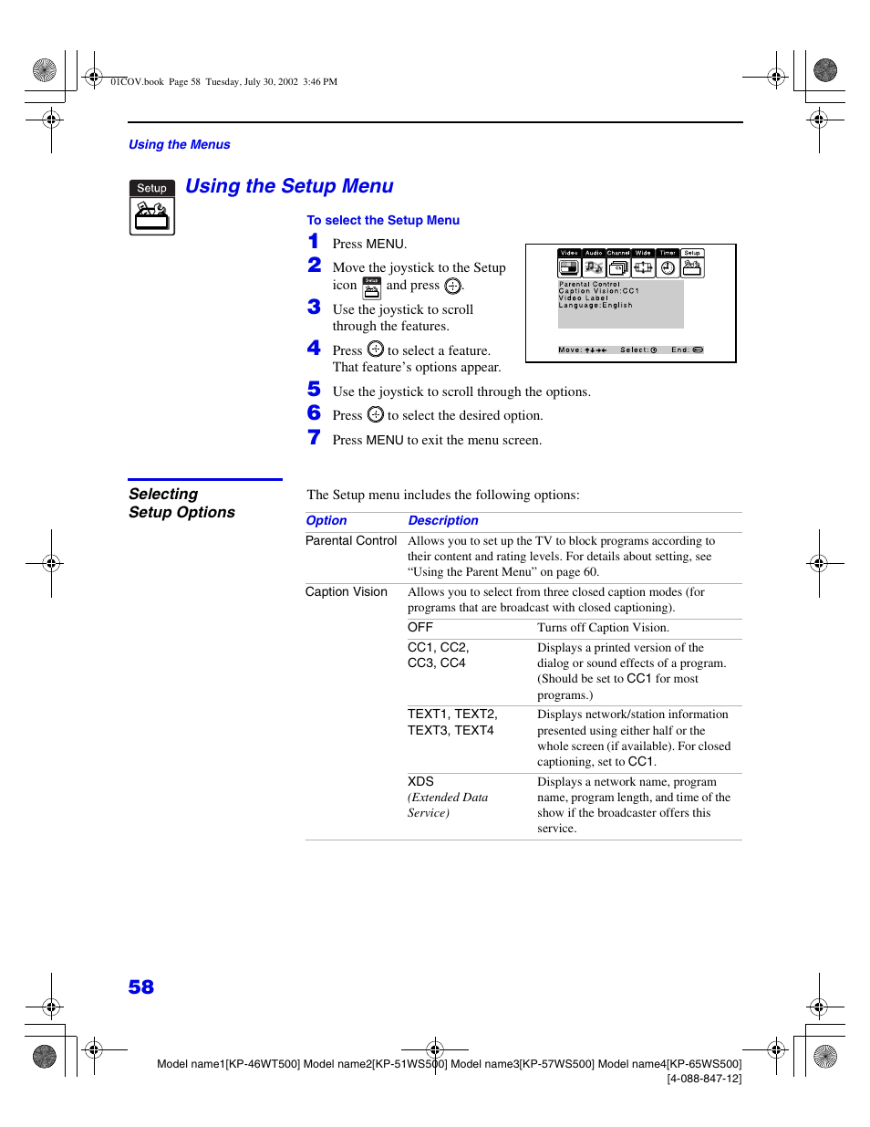 Using the setup menu | Sony KP 46WT500 User Manual | Page 58 / 82