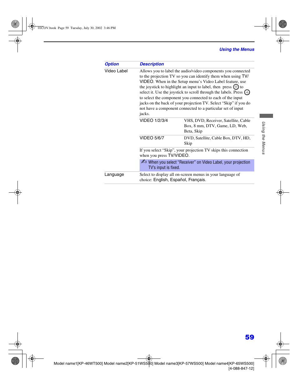 Sony KP 46WT500 User Manual | Page 59 / 82