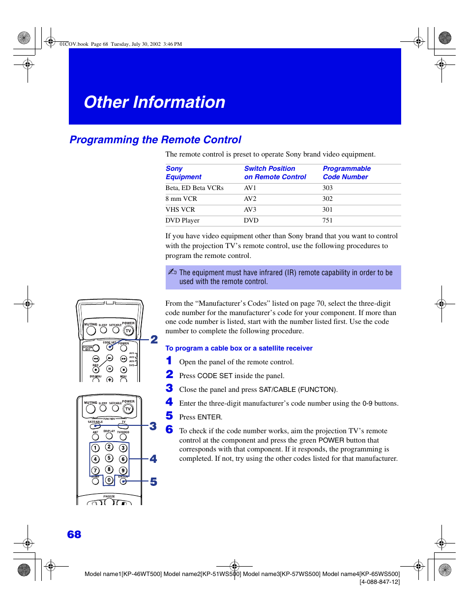 Other information, Programming the remote control | Sony KP 46WT500 User Manual | Page 68 / 82