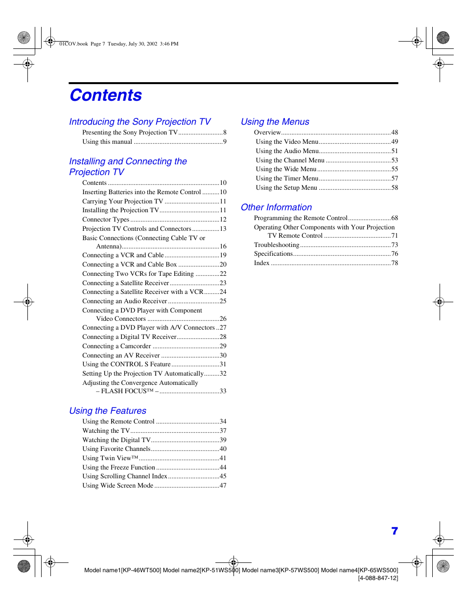 Sony KP 46WT500 User Manual | Page 7 / 82