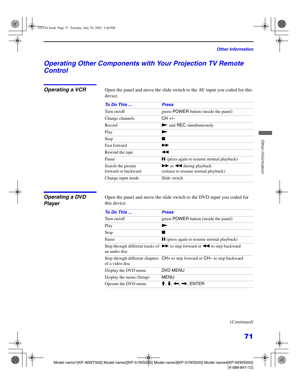 Sony KP 46WT500 User Manual | Page 71 / 82