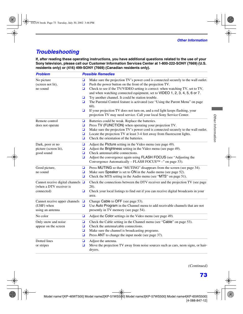 Troubleshooting | Sony KP 46WT500 User Manual | Page 73 / 82