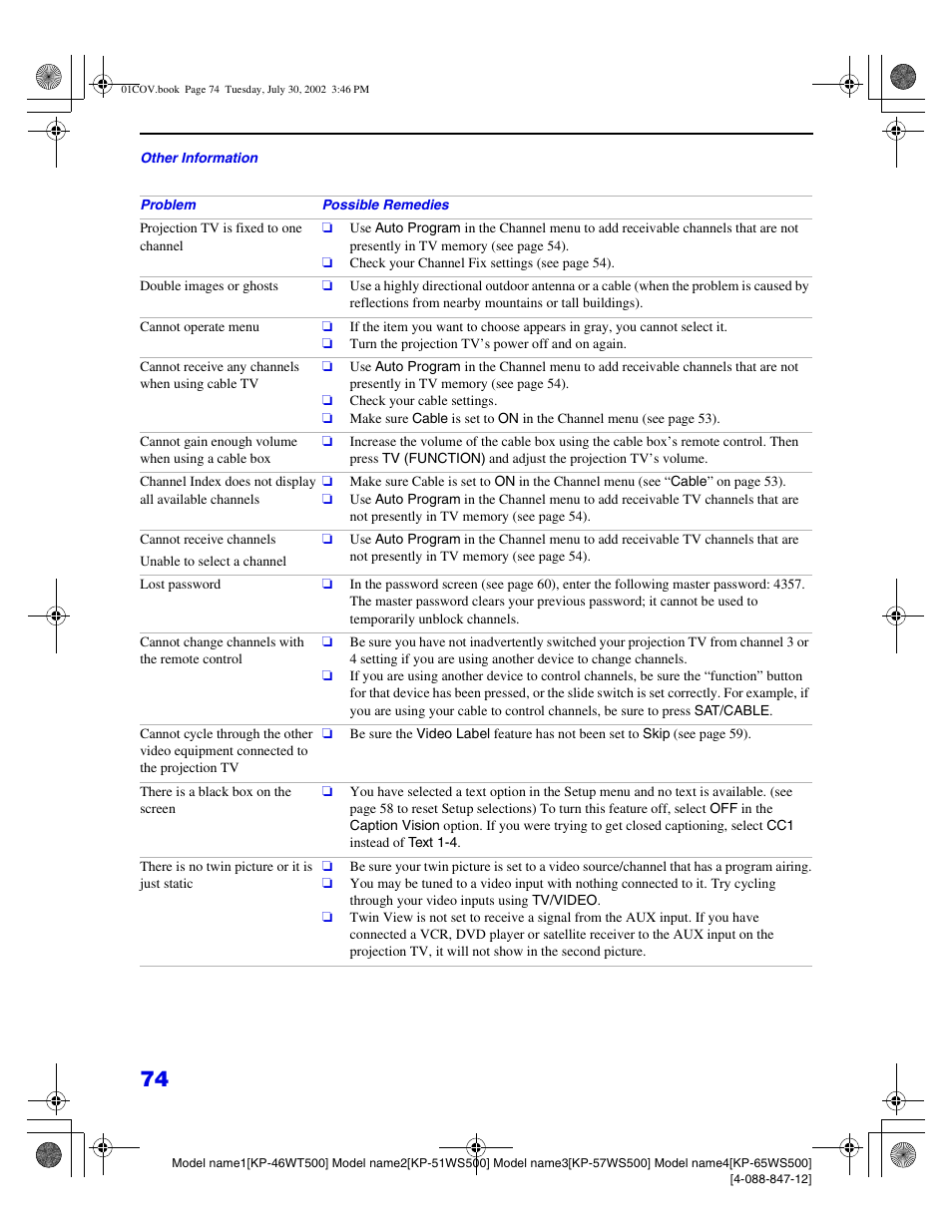 Sony KP 46WT500 User Manual | Page 74 / 82