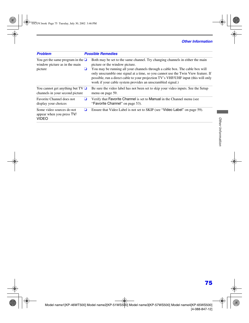 Sony KP 46WT500 User Manual | Page 75 / 82