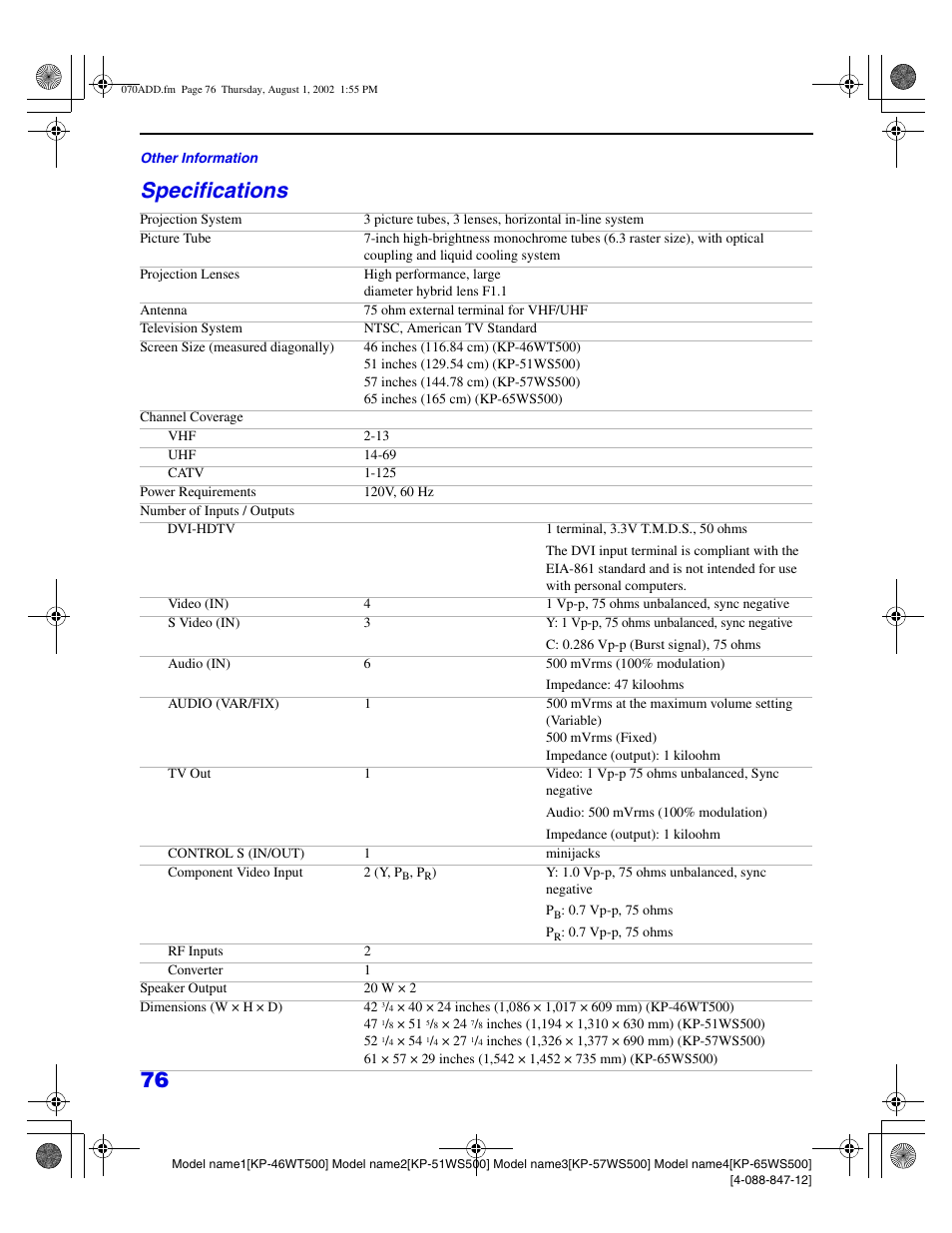 Specifications | Sony KP 46WT500 User Manual | Page 76 / 82