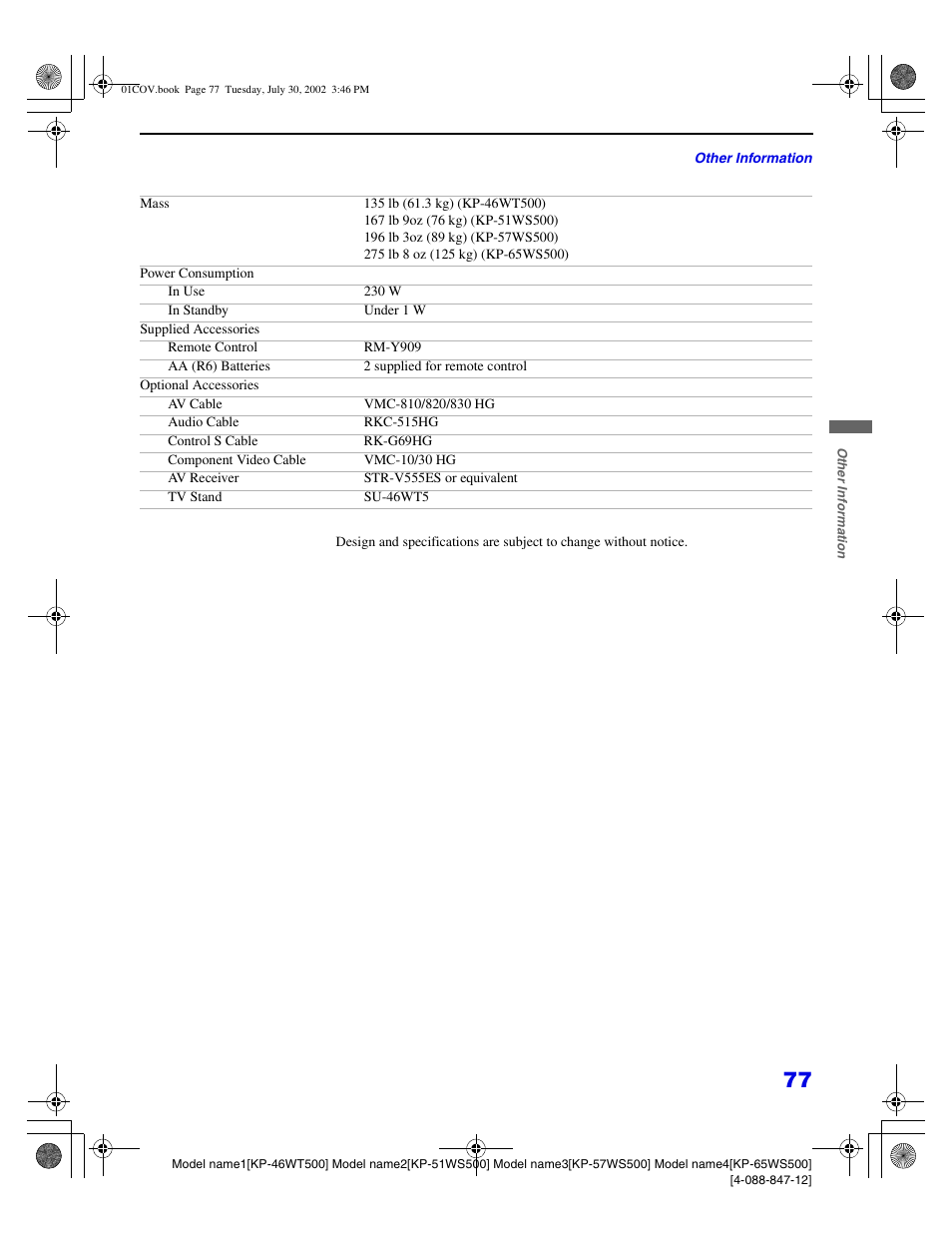 Sony KP 46WT500 User Manual | Page 77 / 82