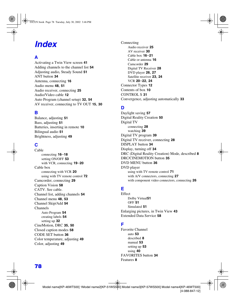 Index | Sony KP 46WT500 User Manual | Page 78 / 82