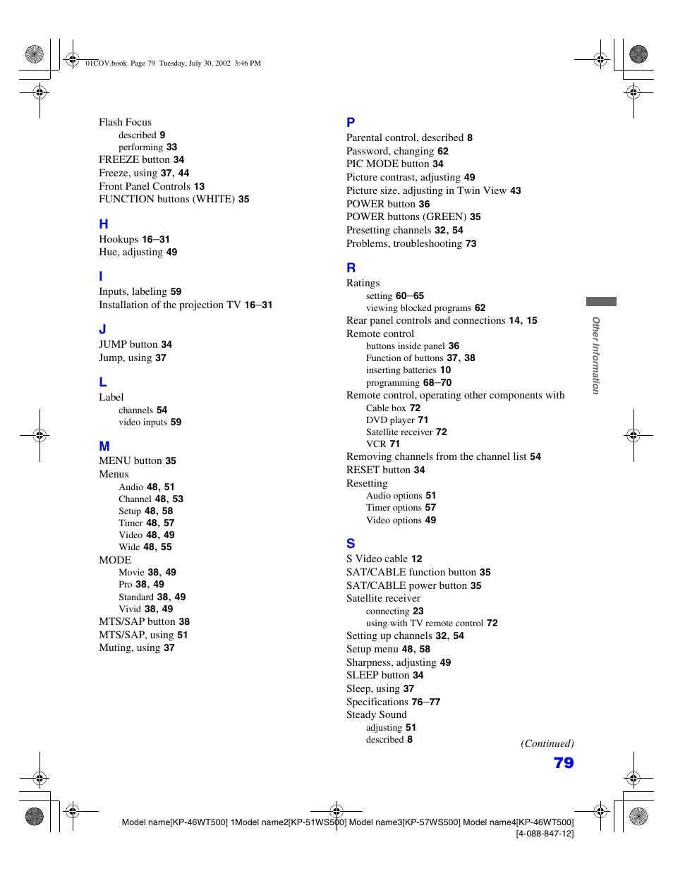 Sony KP 46WT500 User Manual | Page 79 / 82