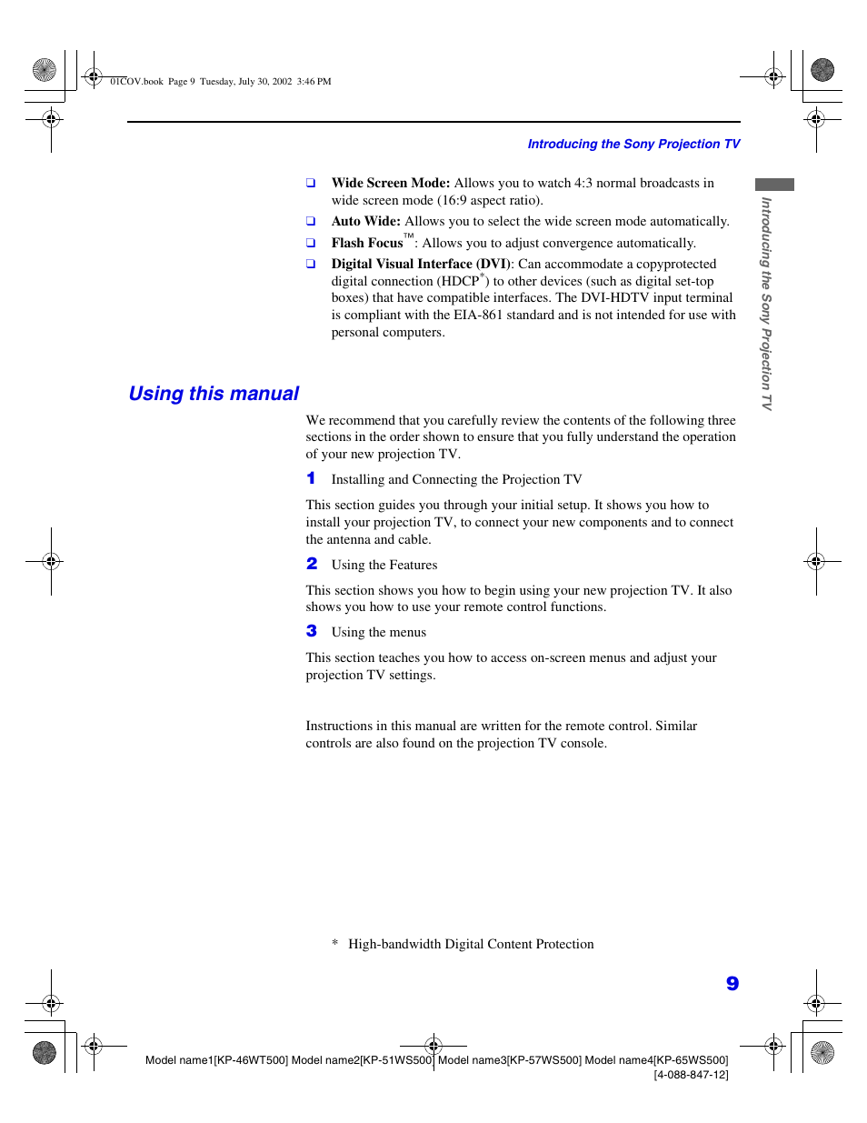 Using this manual | Sony KP 46WT500 User Manual | Page 9 / 82