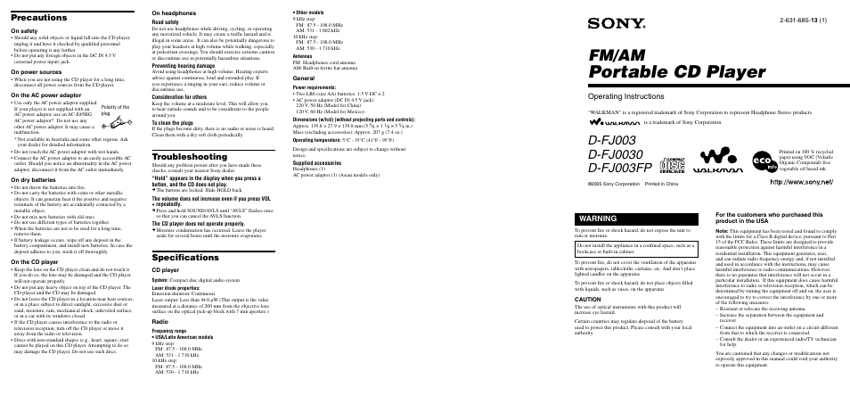 Sony D-FJ0030 User Manual | 2 pages