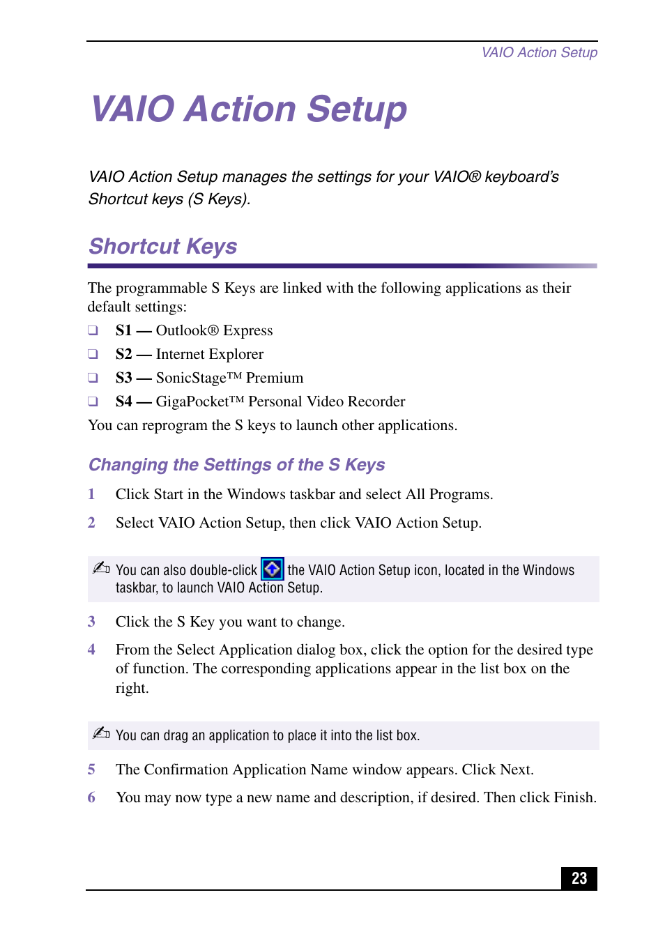 Vaio action setup, Shortcut keys | Sony PCV-MXS10 User Manual | Page 23 / 56