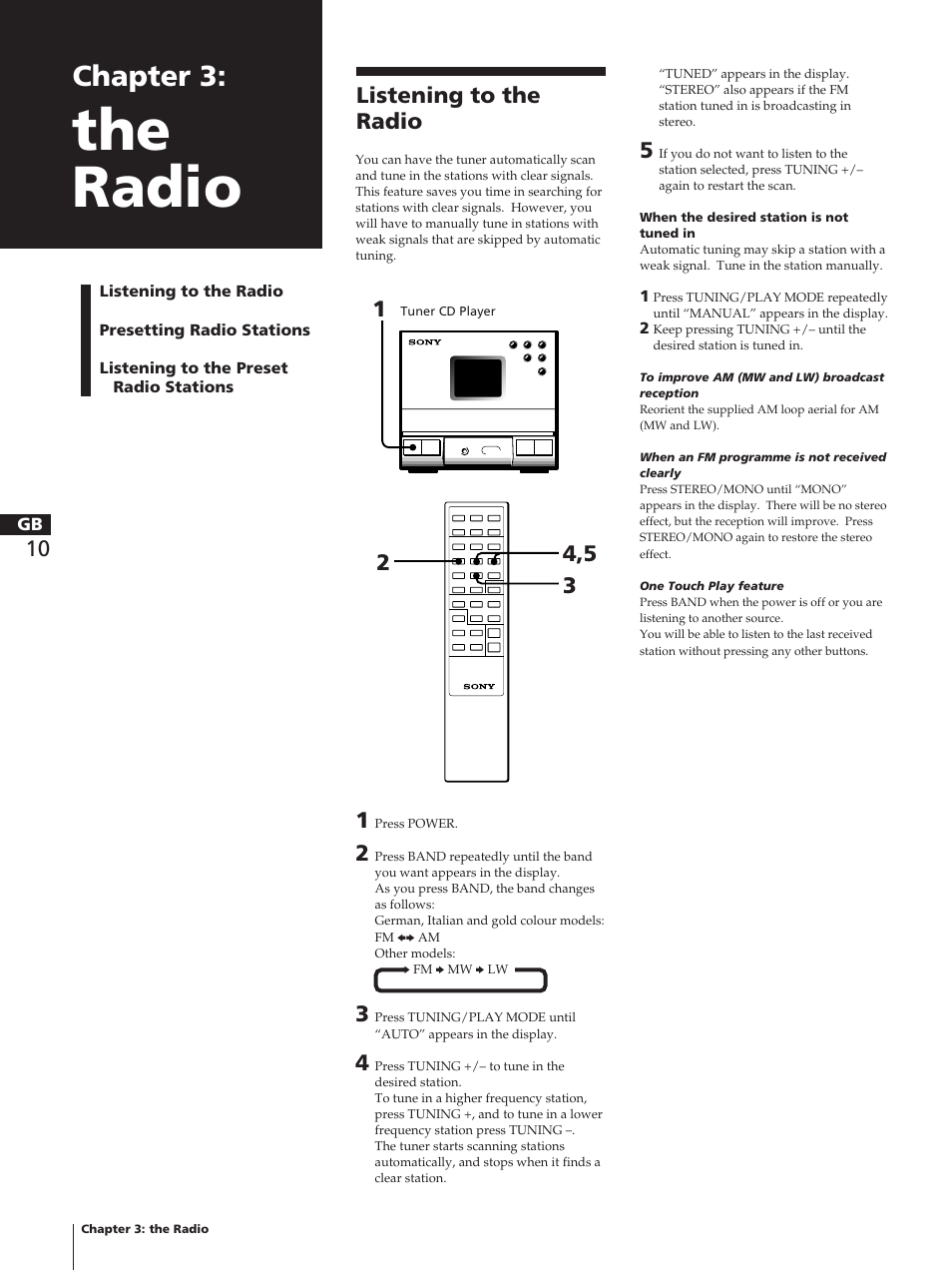 The radio, Chapter 3, Listening to the radio | Sony TC-TX1 User Manual | Page 10 / 95