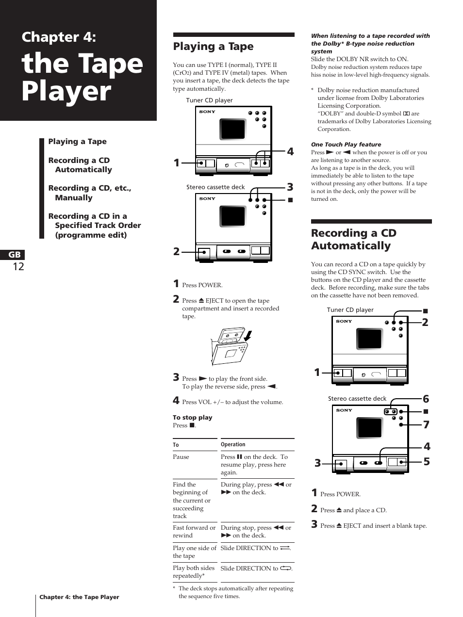 The tape player, Chapter 4, Playing a tape | Recording a cd automatically | Sony TC-TX1 User Manual | Page 12 / 95