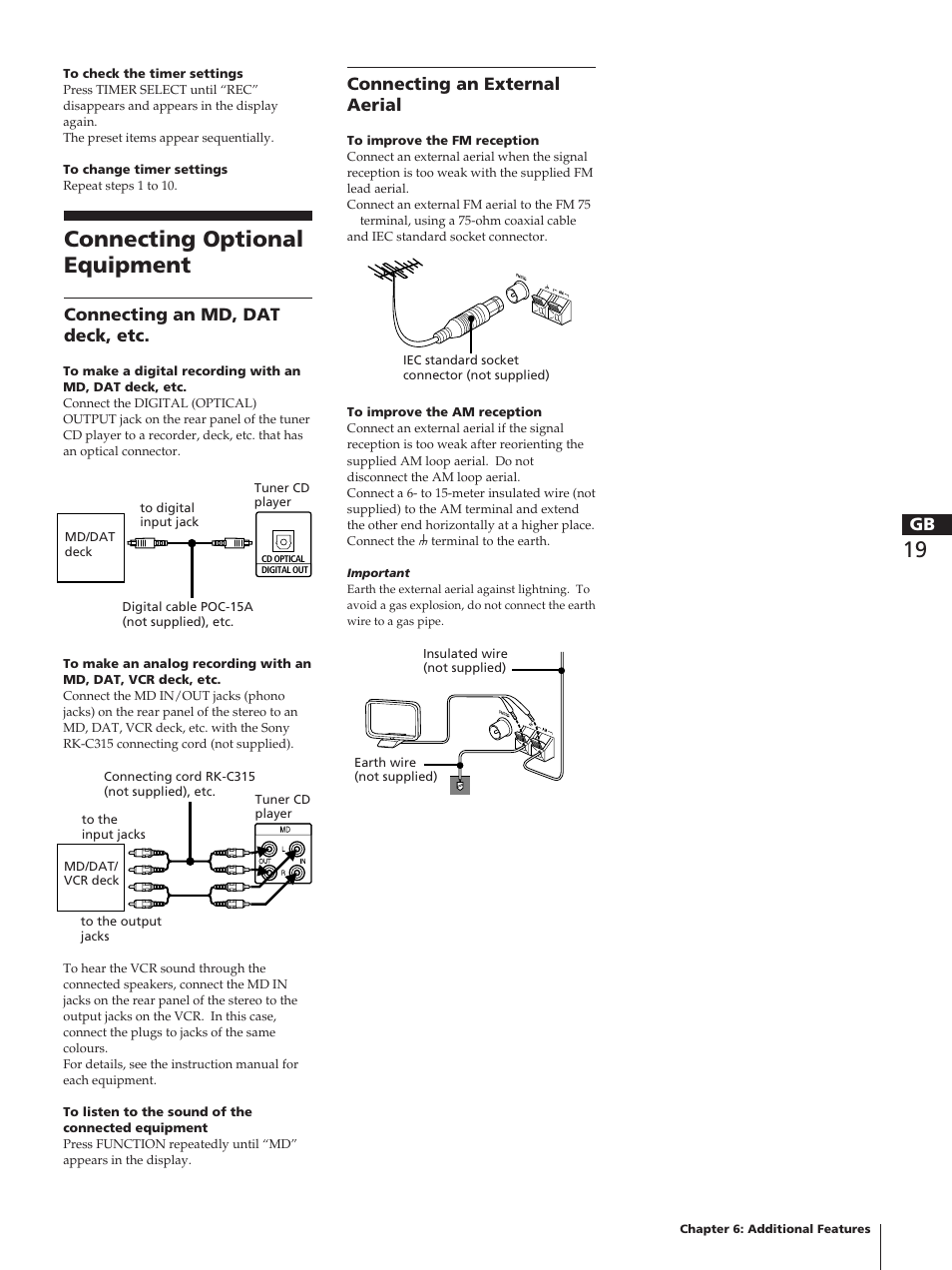 Connecting optional equipment, Connecting an external aerial, Connecting an md, dat deck, etc | Sony TC-TX1 User Manual | Page 19 / 95