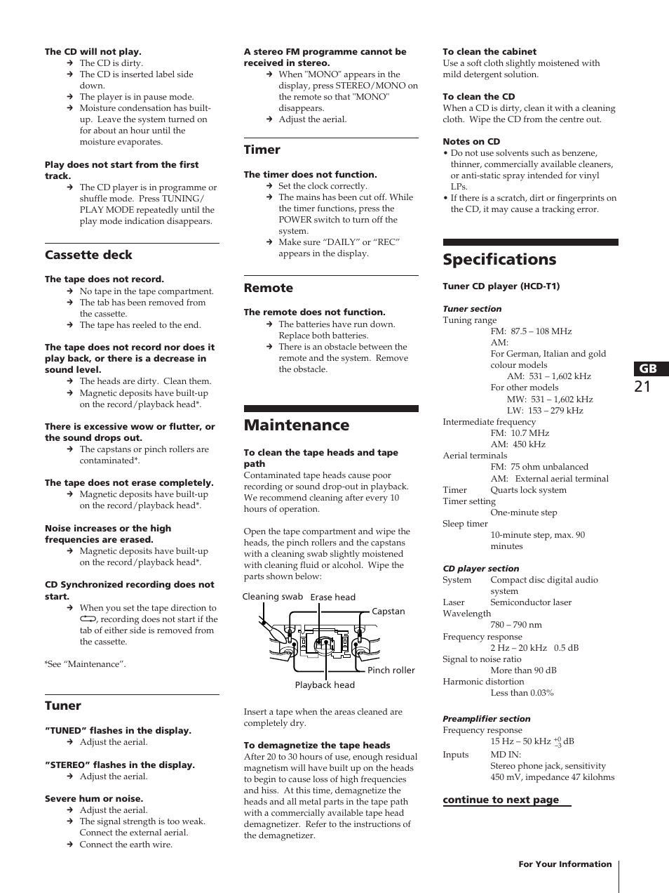 Maintenance, Specifications, Timer | Remote, Cassette deck, Tuner | Sony TC-TX1 User Manual | Page 21 / 95