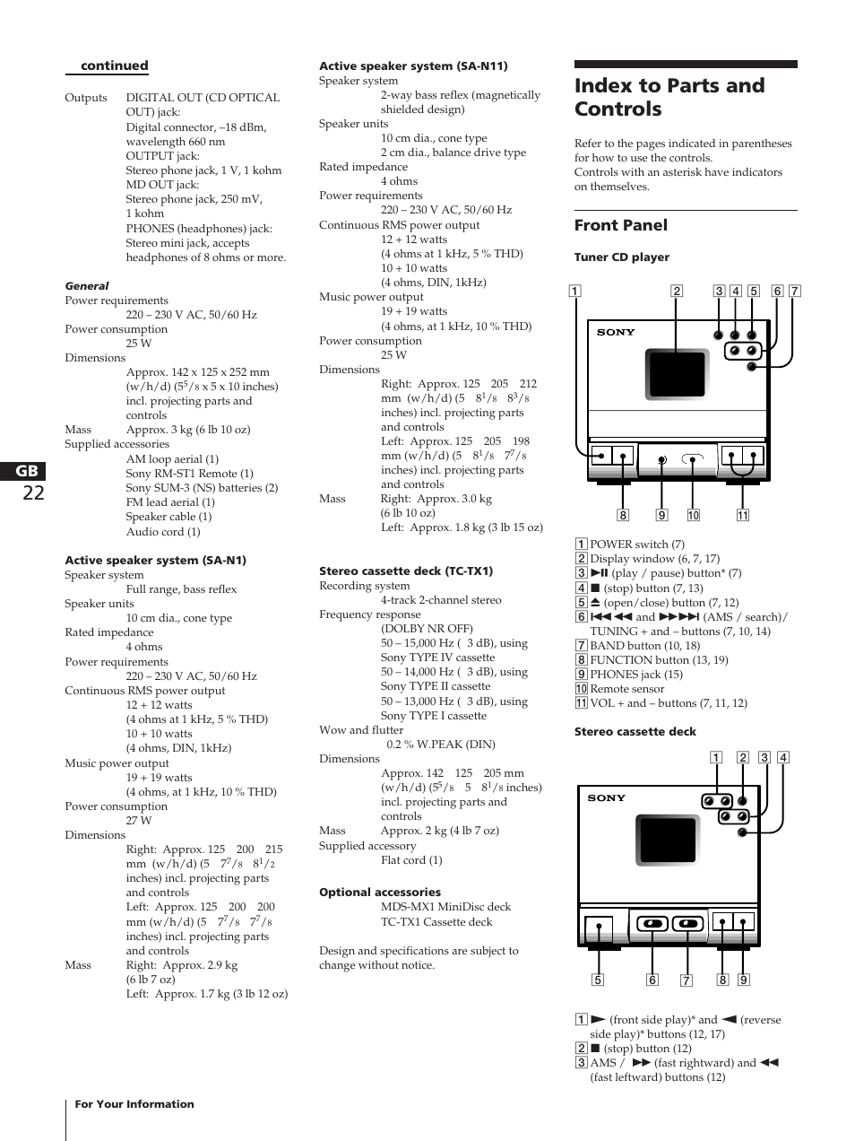 Index to parts and controls, Front panel | Sony TC-TX1 User Manual | Page 22 / 95