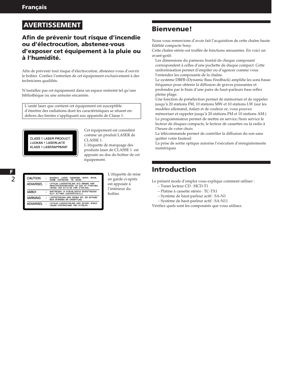 Avertissement, Bienvenue, Introduction | Français | Sony TC-TX1 User Manual | Page 24 / 95