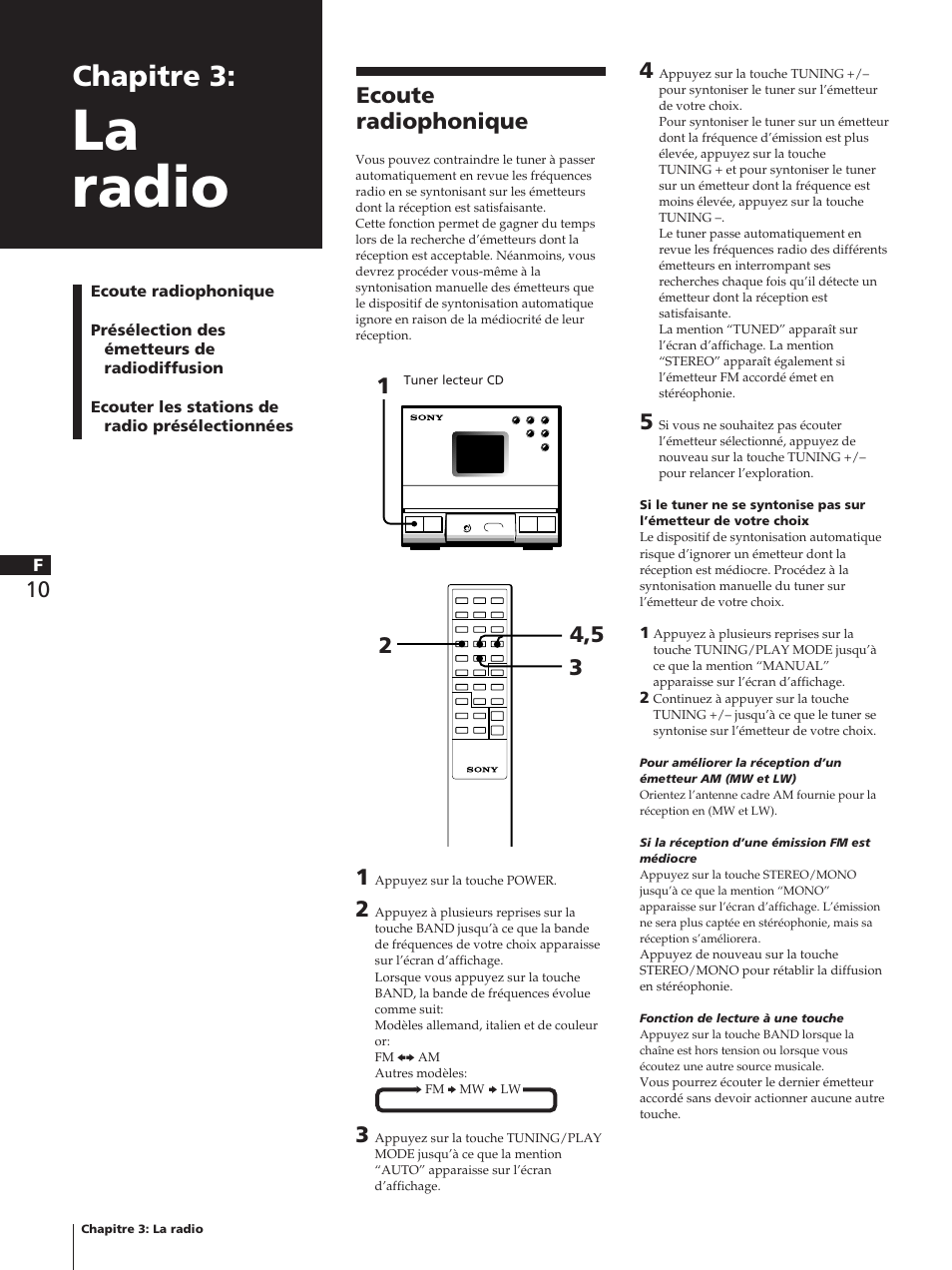 La radio, Chapitre 3, Ecoute radiophonique | Sony TC-TX1 User Manual | Page 32 / 95