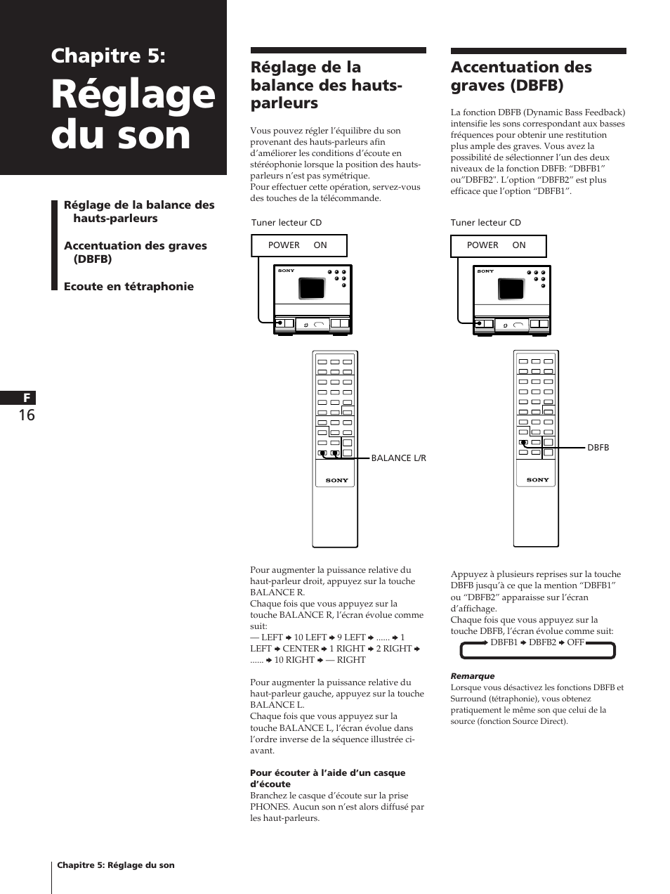 Réglage du son, Chapitre 5, Réglage de la balance des hauts- parleurs | Accentuation des graves (dbfb) | Sony TC-TX1 User Manual | Page 38 / 95