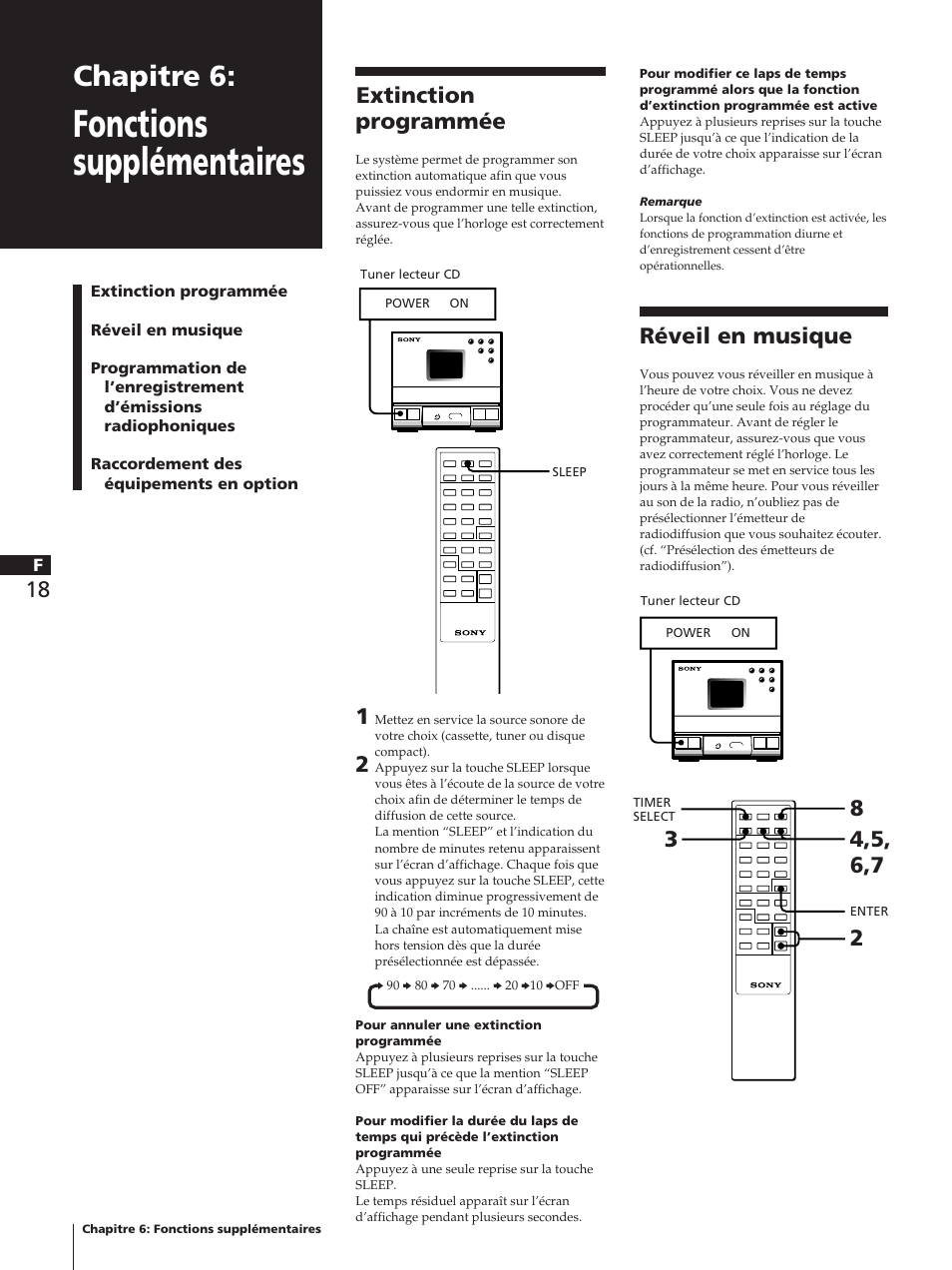 Fonctions supplémentaires, Chapitre 6, Extinction programmée | Réveil en musique | Sony TC-TX1 User Manual | Page 40 / 95