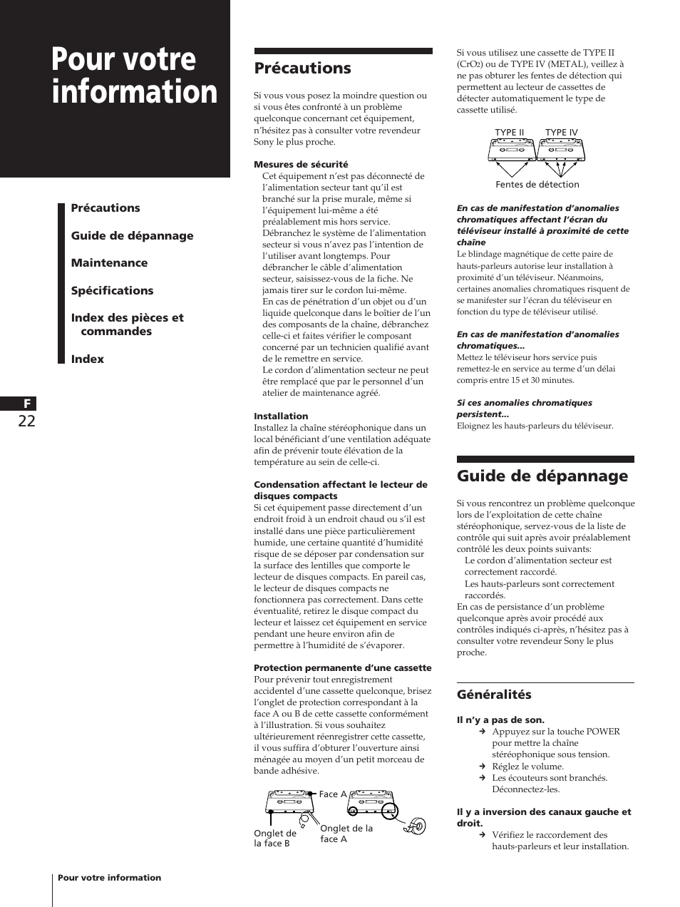 Pour votre information, Précautions, Guide de dépannage | Sony TC-TX1 User Manual | Page 44 / 95