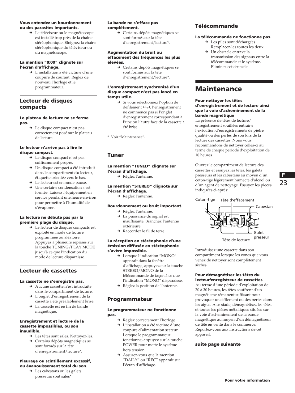 Maintenance, Lecteur de disques compacts, Lecteur de cassettes | Tuner, Programmateur, Télécommande | Sony TC-TX1 User Manual | Page 45 / 95