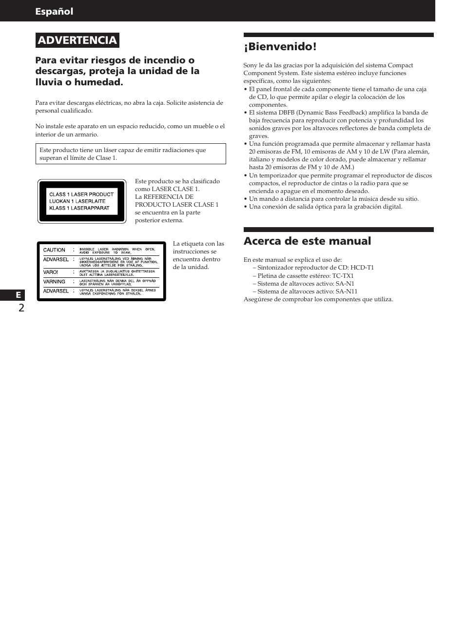 Advertencia, Bienvenido, Acerca de este manual | Español | Sony TC-TX1 User Manual | Page 50 / 95