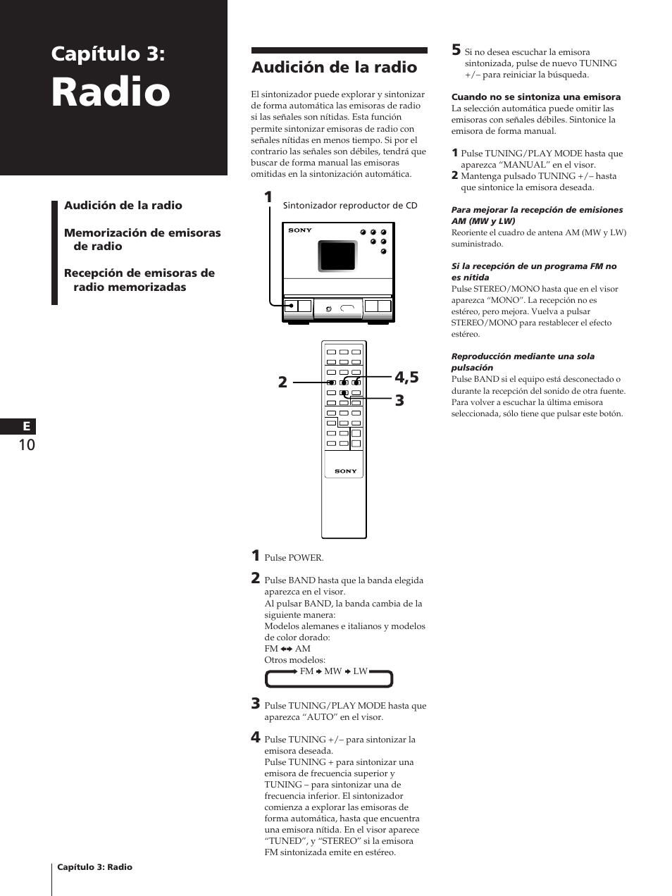 Radio, Capítulo 3, Audición de la radio | Sony TC-TX1 User Manual | Page 58 / 95