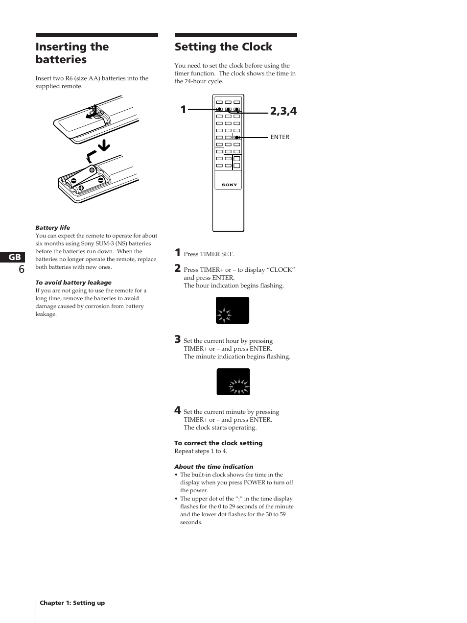 Inserting the batteries, Setting the clock | Sony TC-TX1 User Manual | Page 6 / 95
