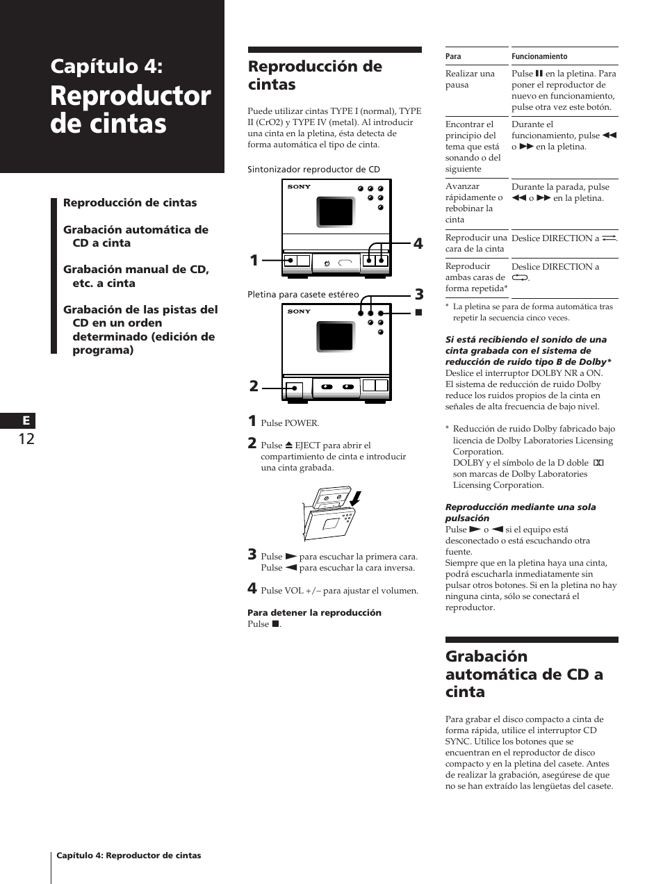 Reproductor de cintas, Capítulo 4, Reproducción de cintas | Grabación automática de cd a cinta | Sony TC-TX1 User Manual | Page 60 / 95