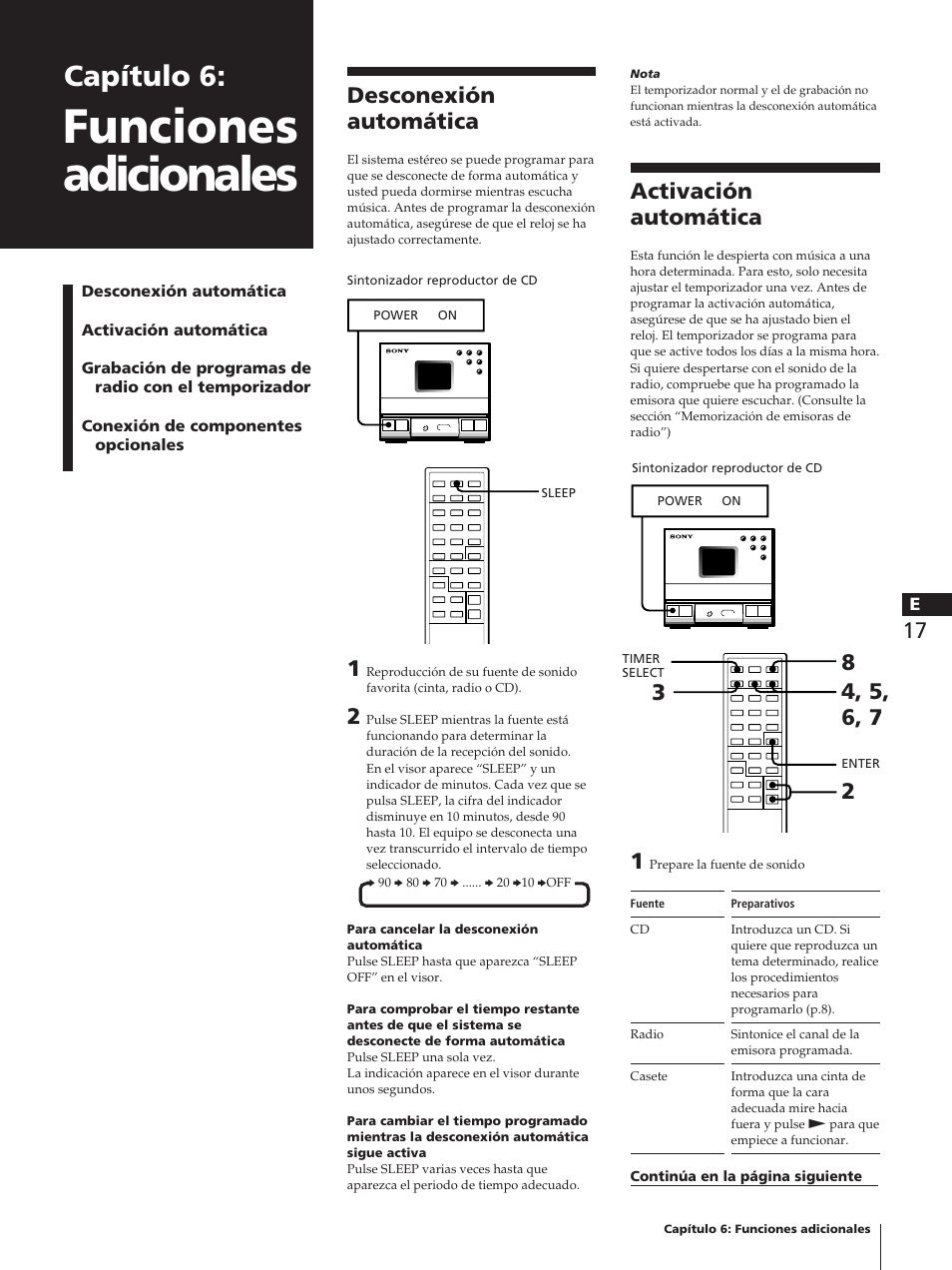 Funciones adicionales, Capítulo 6, Desconexión automática | Activación automática | Sony TC-TX1 User Manual | Page 65 / 95