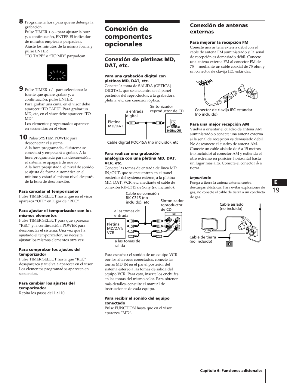 Conexión de componentes opcionales, Conexión de antenas externas, Conexión de pletinas md, dat, etc | Sony TC-TX1 User Manual | Page 67 / 95