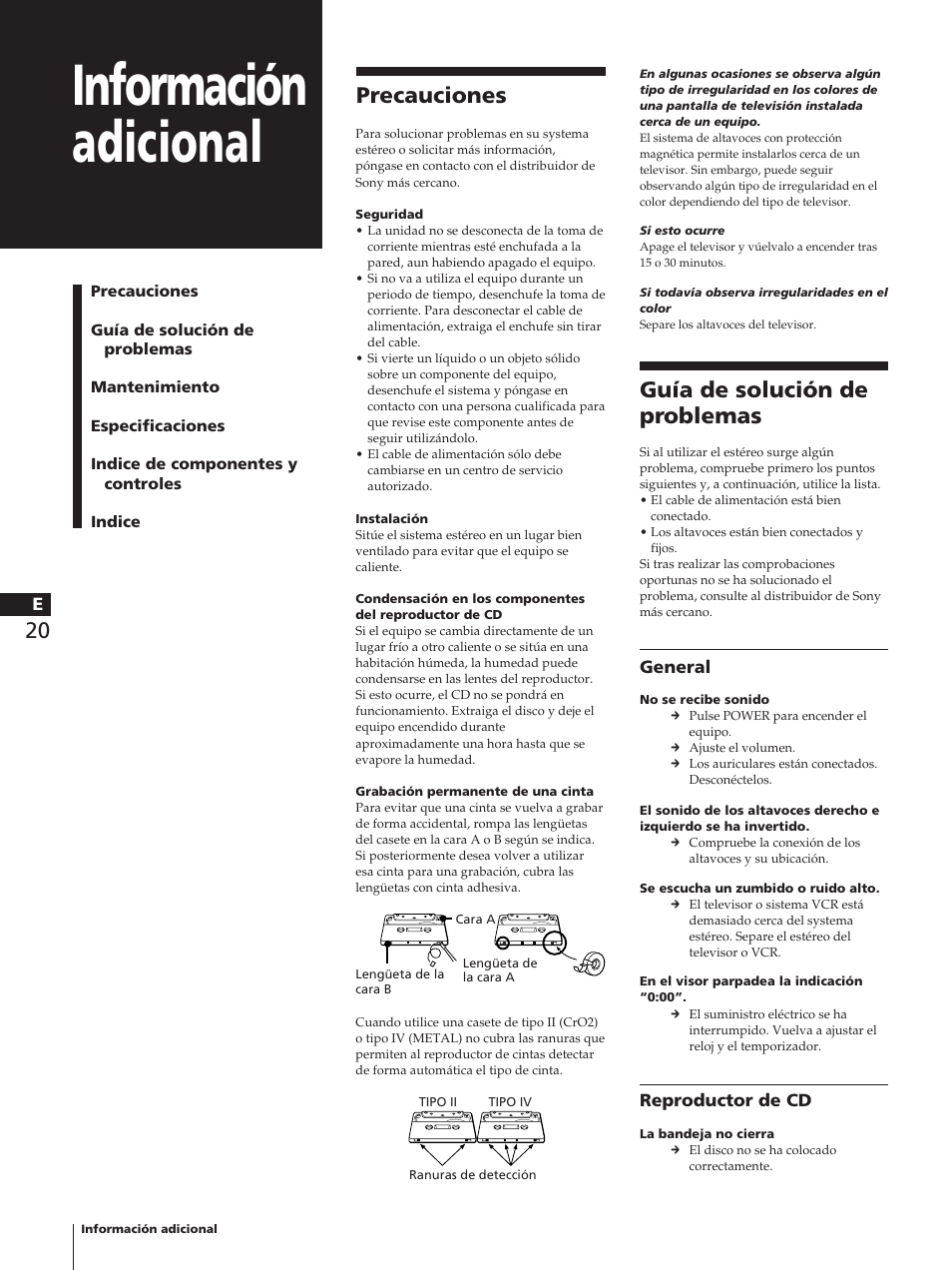 Información adicional, Precauciones, Guía de solución de problemas | Sony TC-TX1 User Manual | Page 68 / 95