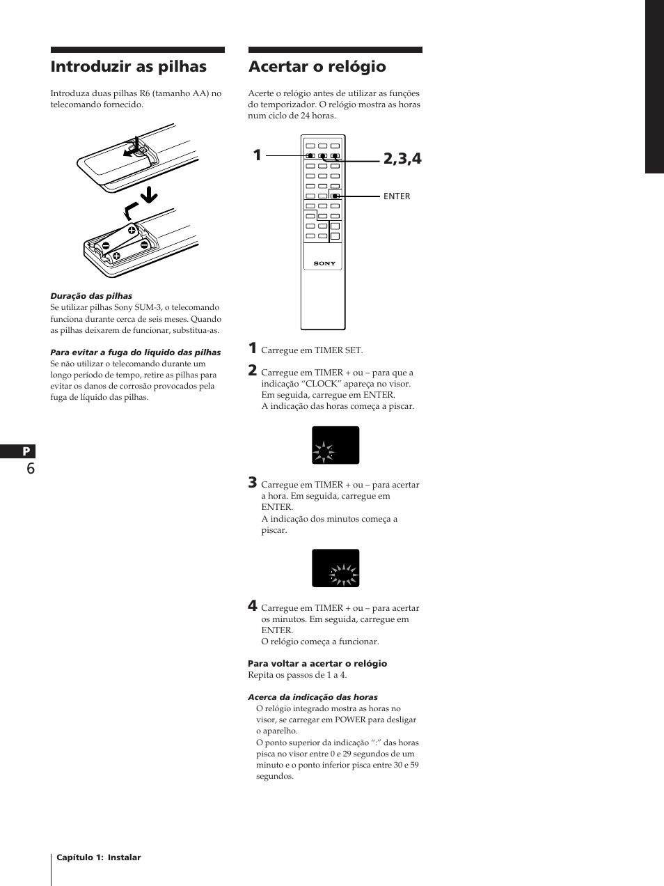 Acertar o relógio, Introduzir as pilhas | Sony TC-TX1 User Manual | Page 76 / 95