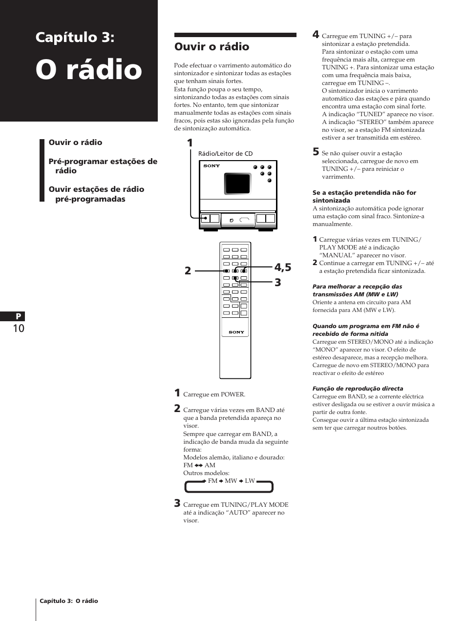 O rádio, Capítulo 3, Ouvir o rádio | Sony TC-TX1 User Manual | Page 80 / 95