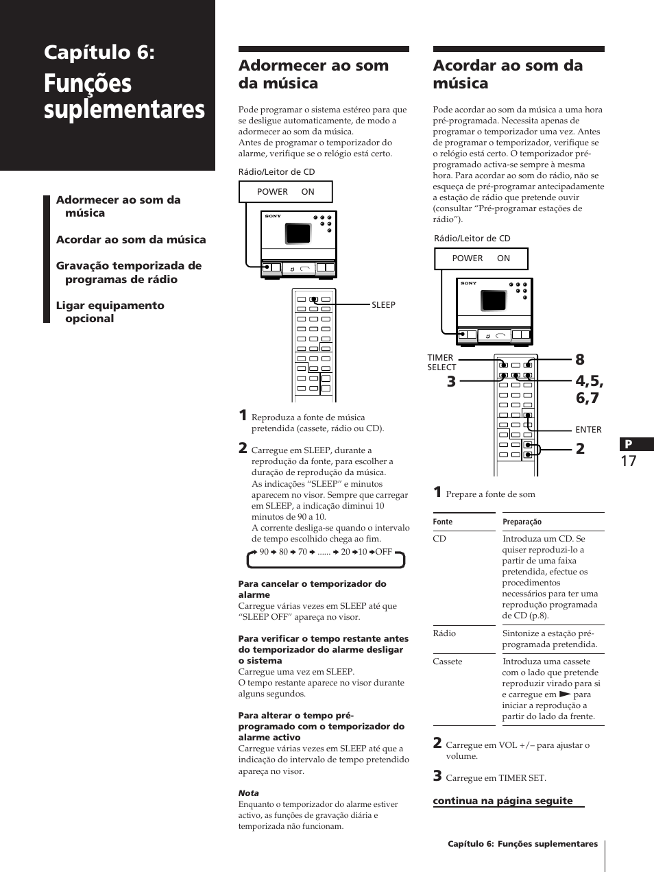 Funções suplementares, Capítulo 6, Acordar ao som da música | Adormecer ao som da música | Sony TC-TX1 User Manual | Page 87 / 95