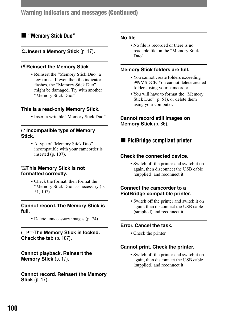 Warning indicators and messages (continued) | Sony HVR-A1N User Manual | Page 100 / 128