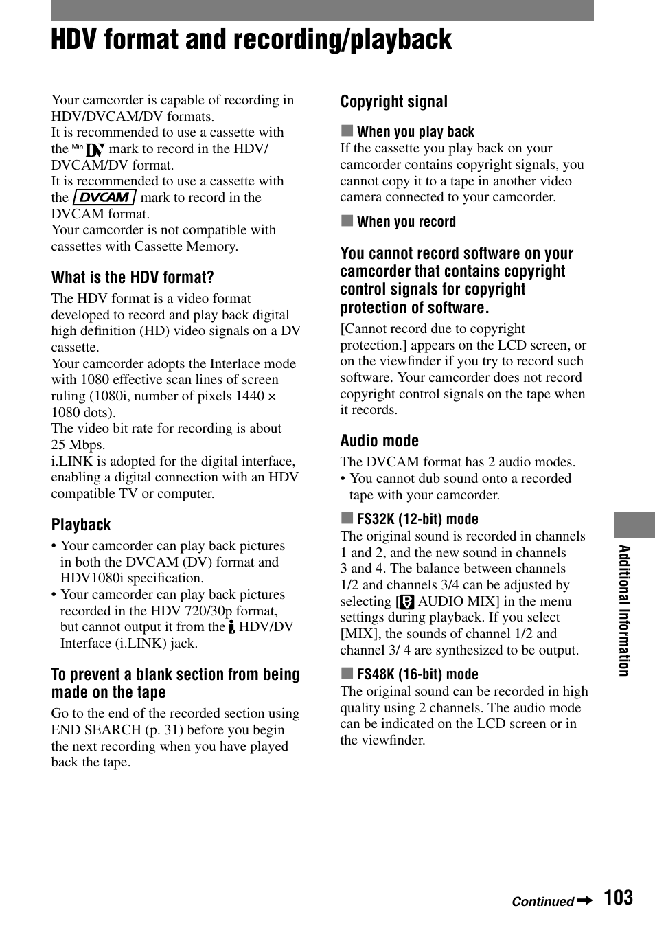 Hdv format and recording/playback | Sony HVR-A1N User Manual | Page 103 / 128