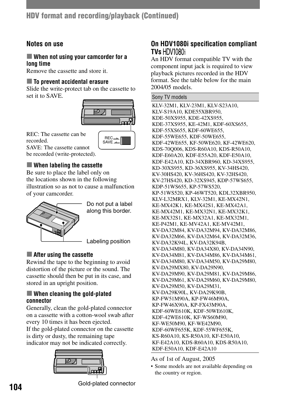 Hdv format and recording/playback (continued) | Sony HVR-A1N User Manual | Page 104 / 128