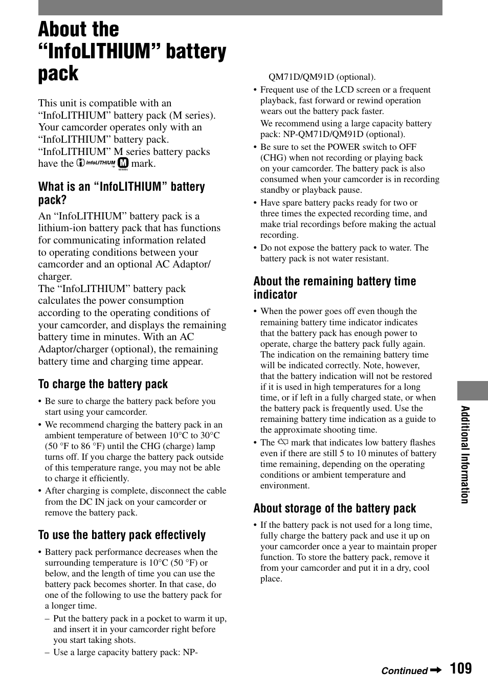 About the “infolithium” battery pack | Sony HVR-A1N User Manual | Page 109 / 128