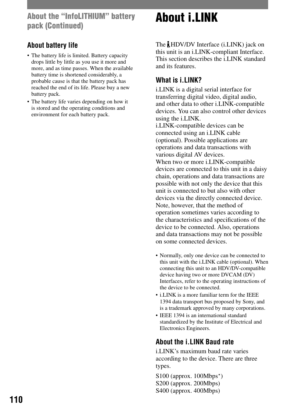 About i.link, About the “infolithium” battery pack (continued) | Sony HVR-A1N User Manual | Page 110 / 128