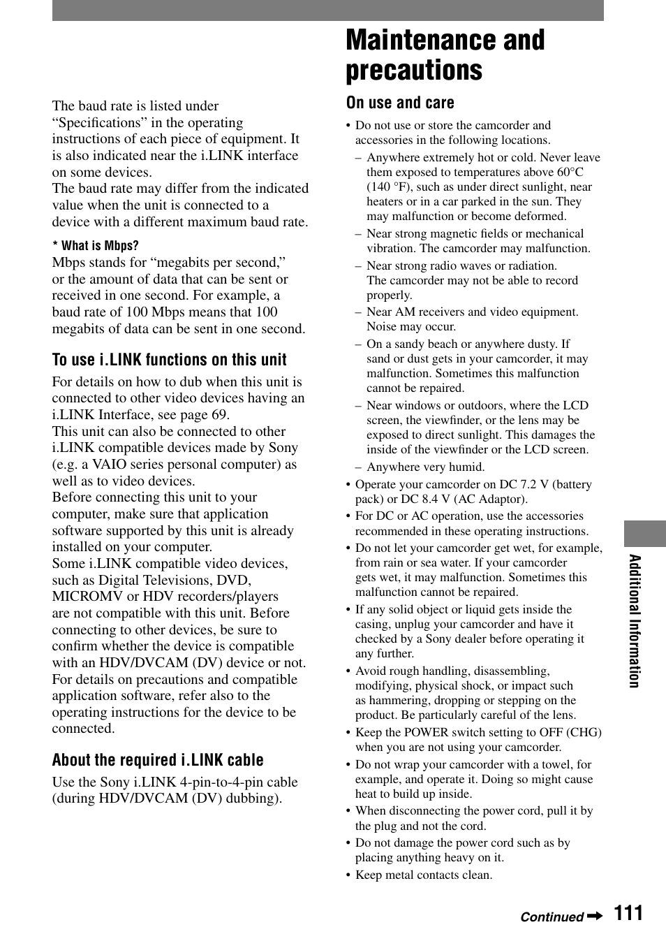 Maintenance and precautions | Sony HVR-A1N User Manual | Page 111 / 128