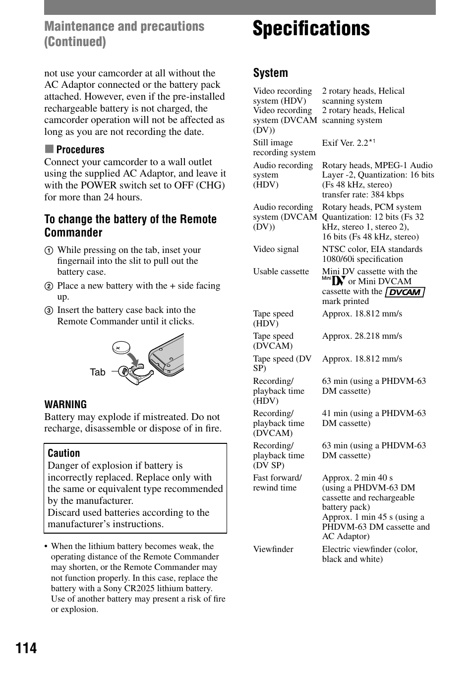 Specifications, Speciﬁcations, Maintenance and precautions (continued) | System | Sony HVR-A1N User Manual | Page 114 / 128